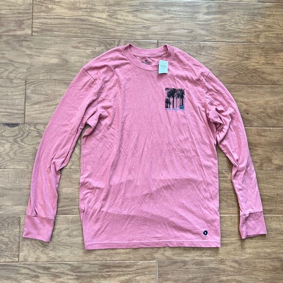 NWT Hollister Tee T-Shirt Men's Size M Graphic Long Sleeve Pink Palm Tree - Picture 1 of 10